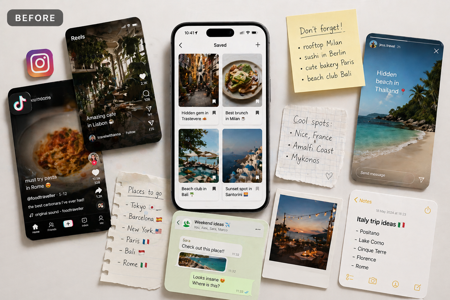 Zwischen Instagram und TikTok verstreute gespeicherte Orte vor PoiSave